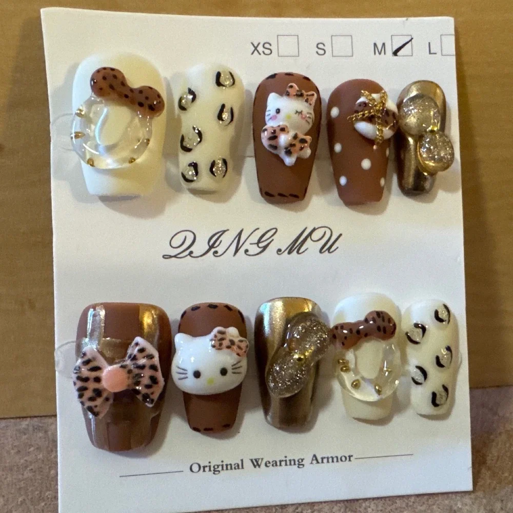 3D Character Press On Nails Leopard Print Bows Brown Gold Medium Coffin Size M‎